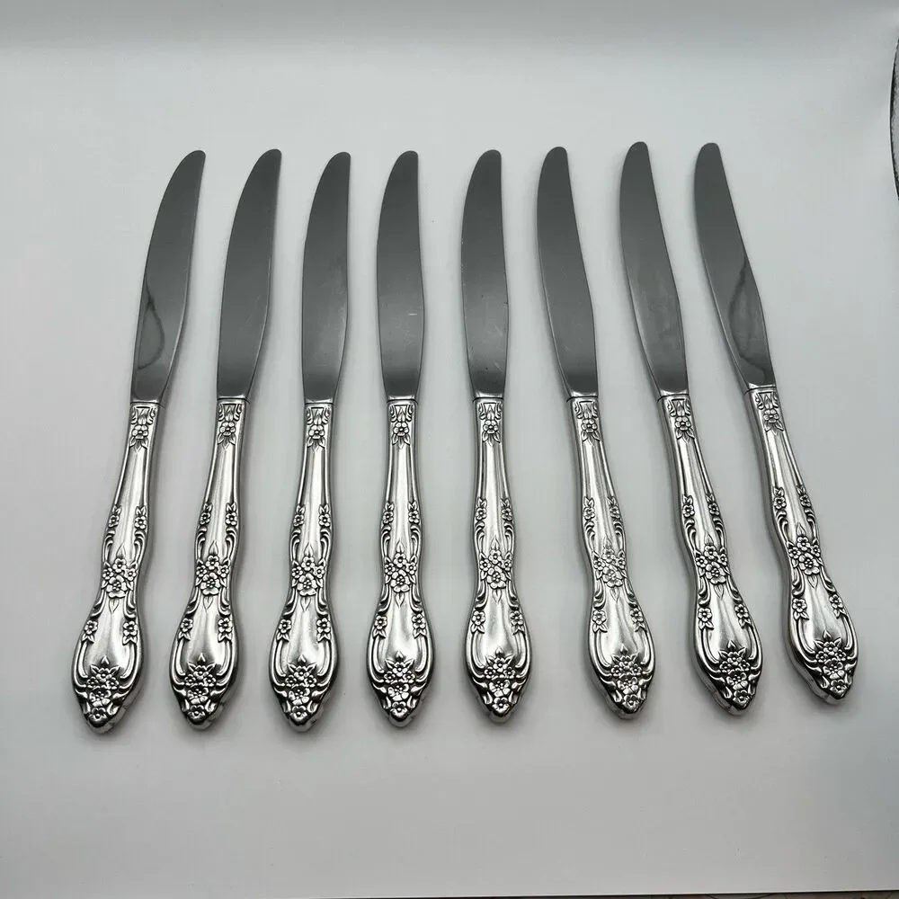 Oneida Galveston Set 8 Dinner Knives Stainless Hollow Handle Floral Flatware